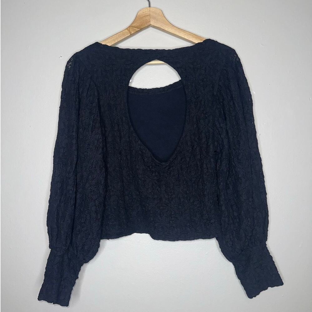 GUC Free People Black Textured Puff-Sleeve Blouse - Picture 6 of 7